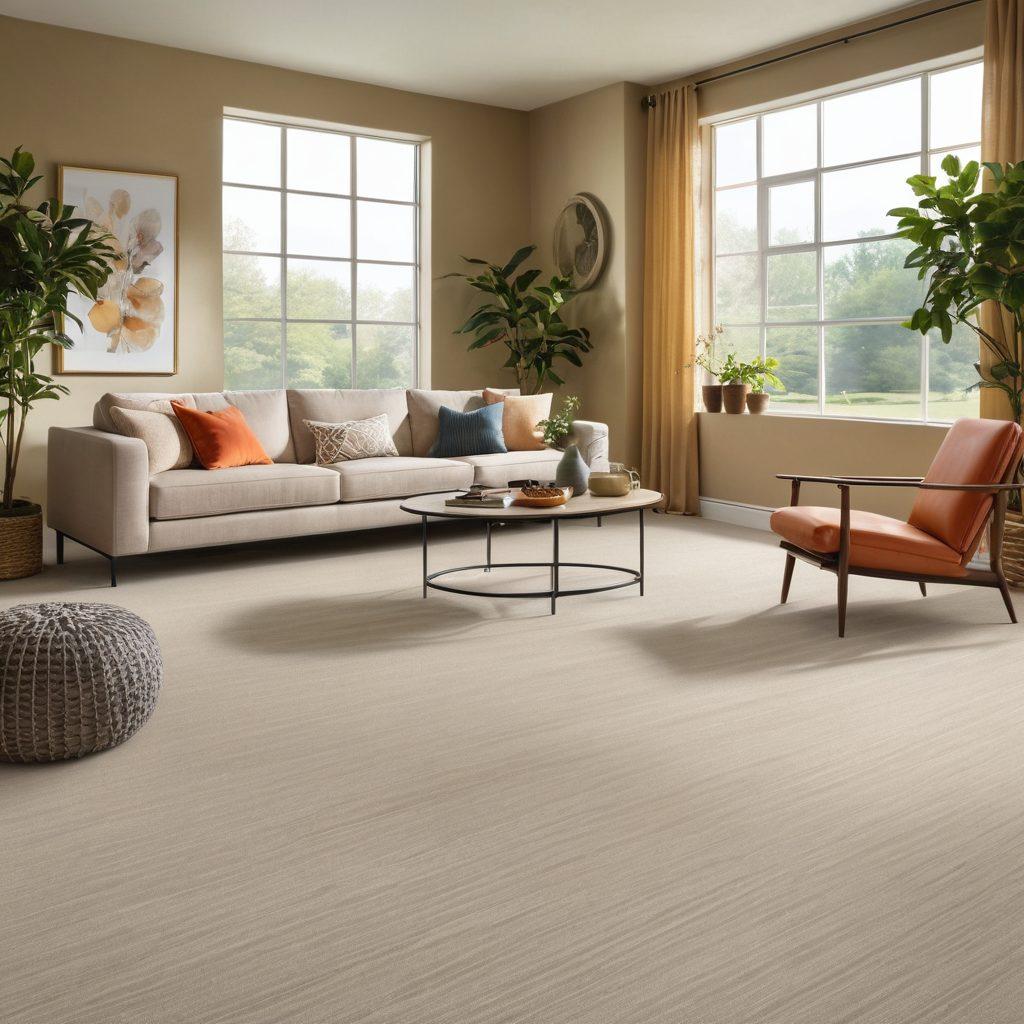 A stylish living room showcasing both a plush, cozy carpet and sleek modern vinyl flooring, with warm natural light streaming through large windows. Include decorative elements like plants and furniture that blend traditional and contemporary styles. Emphasize the texture of the carpet and the smooth finish of the vinyl, creating a seamless transition between the two. super-realistic. vibrant colors. warm tones.
