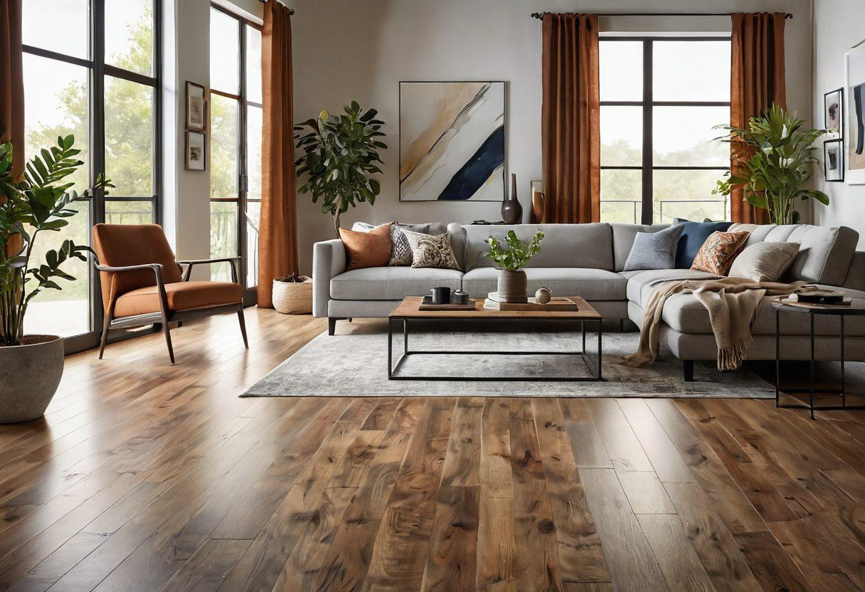 A beautifully designed interior showcasing stylish Mohawk flooring, featuring warm wood tones and elegant patterns. The space is bright and airy, with modern furniture and large windows allowing natural light to flood in. Add decorative plants and cozy textiles for a touch of warmth, accentuating the joy of transformation. Create a welcoming atmosphere that captivates with its modern design and comfort. super-realistic. vibrant colors. minimalist aesthetic.