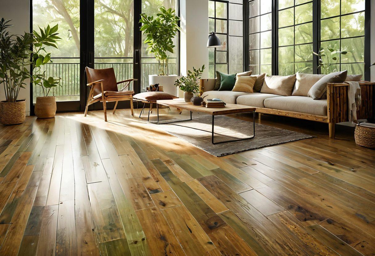 A cozy, modern living room showcasing a variety of sustainable flooring options like bamboo and reclaimed wood. Sunlight streams in through large windows, illuminating the textures and colors of the flooring. A stylish green plant and eco-friendly décor elements enhance the scene, promoting a connection with nature. Include a subtle texture overlay to emphasize warmth and comfort. super-realistic. vibrant colors. natural light.